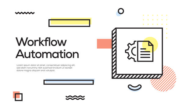 ilustrações, clipart, desenhos animados e ícones de conceito de automação de workflow. conceito retro geométrico da bandeira e do poster do estilo com ícone da automatização do fluxo de trabalho - flowchart diagram organization algorithm