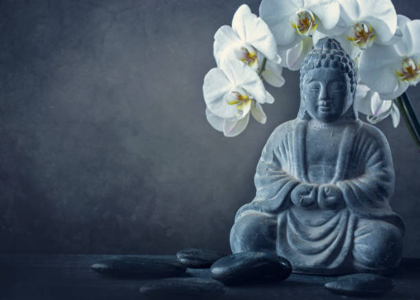 Buddha statue and stones Buddha statue and stones on a black background white buddha statue stock pictures, royalty-free photos & images