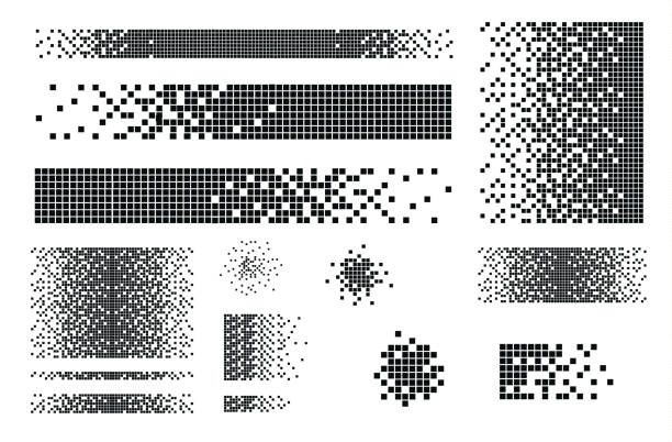 Dissolved filled square Dissolved filled square dotted vector icon with disintegration effect. Vector rectangle elements are grouped. Isolated on white background. pixelated illustrations stock illustrations