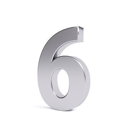 Metal number 6, isolated on white. Collection. 3D image