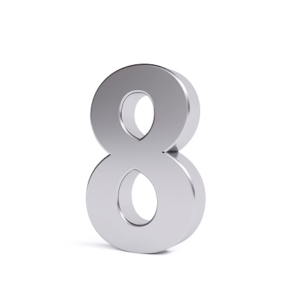 Metal number 8, isolated on white. Collection. 3D image