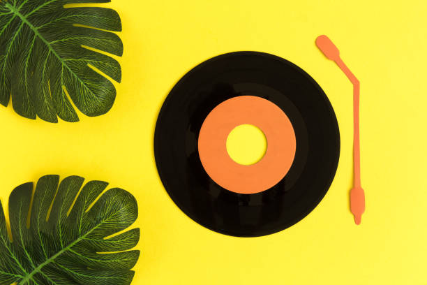 istock Vinyl record abstract and tropical leaves isolated on yellow. 1132248911