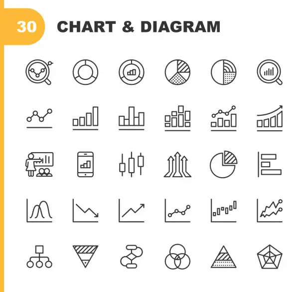 Vector illustration of Chart and Diagram Line Icons. Editable Stroke. Pixel Perfect. For Mobile and Web. Contains such icons as Big Data, Dashboard, Bar Graph, Stock Market Exchange, Infographic.