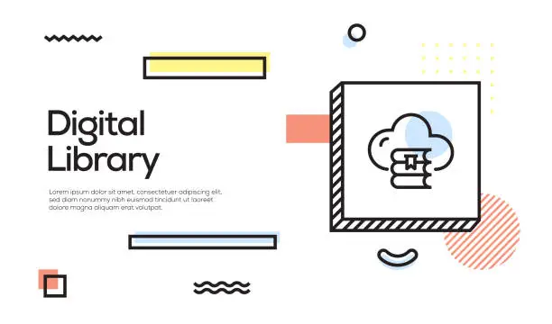Vector illustration of Digital Library Concept. Geometric Retro Style Banner and Poster Concept with Digital Library icon