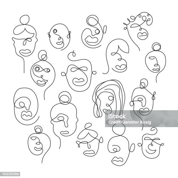 Set Of One Line Face Illustrations Stock Illustration - Download Image Now - Human Face, Abstract, Line Art