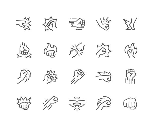 Line Fight Icons Simple Set of Fight Related Vector Line Icons. 
Contains such Icons as Fist Bump, Hit, Strike and more.
Editable Stroke. 48x48 Pixel Perfect. strike protest action stock illustrations