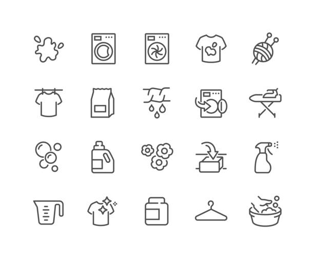 Line Laundry Icons Simple Set of Laundry Related Vector Line Icons. 
Contains such Icons as Washing Machine, Dryer, Dirt T-shirt and more.
Editable Stroke. 48x48 Pixel Perfect. bleach stock illustrations