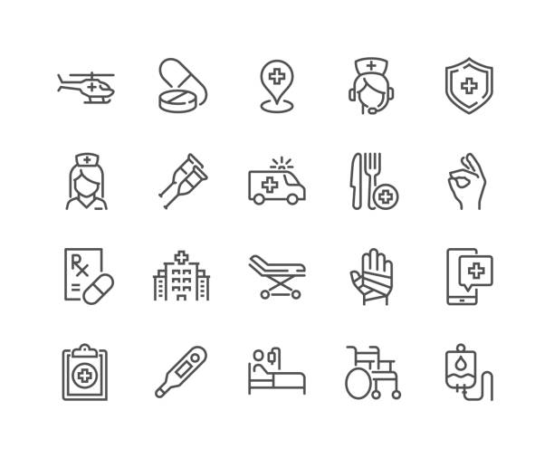 Line Medical Assistance Icons Simple Set of Medical Assistance Related Vector Line Icons. 
Contains such Icons as Wheelchair, Special Diet, Hospital Locator and more.
Editable Stroke. 48x48 Pixel Perfect. helicopter illustrations stock illustrations