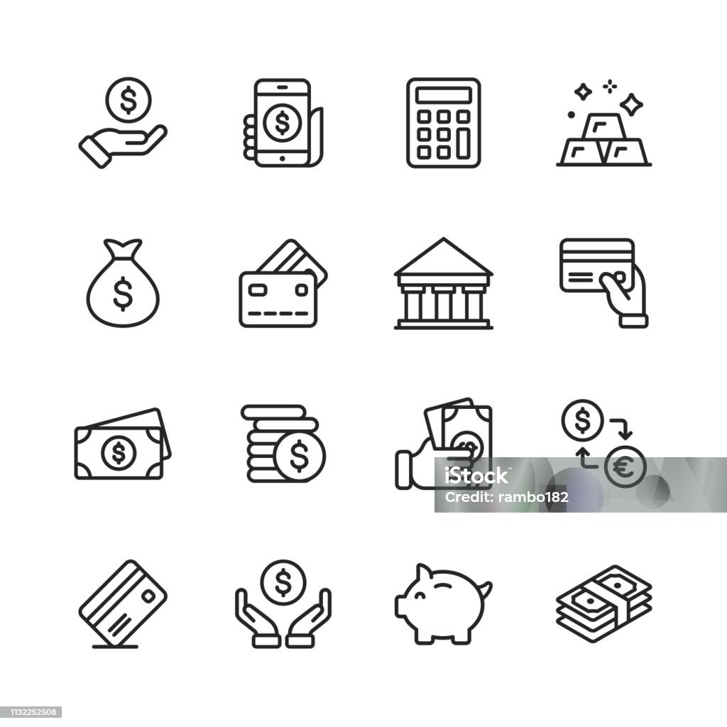 Money and Finance Line Icons. Editable Stroke. Pixel Perfect. For Mobile and Web. Contains such icons as Money, Wallet, Currency Exchange, Banking, Finance. 16 Money and Finance Outline Icons. Icon stock vector