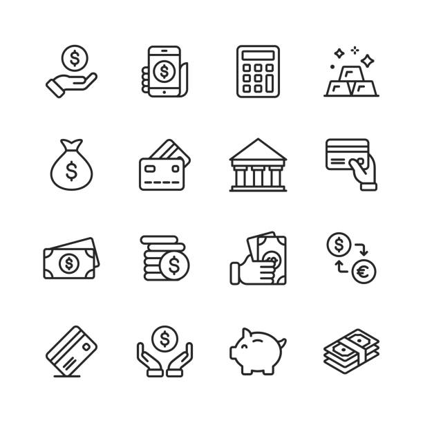Money and Finance Line Icons. Editable Stroke. Pixel Perfect. For Mobile and Web. Contains such icons as Money, Wallet, Currency Exchange, Banking, Finance. 16 Money and Finance Outline Icons. atm illustrations stock illustrations