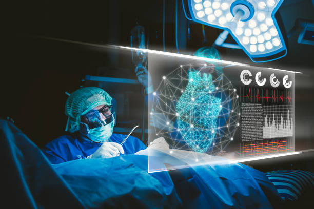 doctor with virtual reality in operation room in hospital.surgeon analyzing patient heart testing result and human anatomy on technological digital futuristic virtual interface,digital holographic, innovative in science and medicine concept. - robotic surgery imagens e fotografias de stock