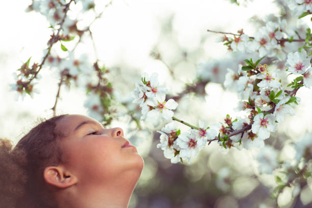 istock Girl smelling almond blossoms. 1132253972