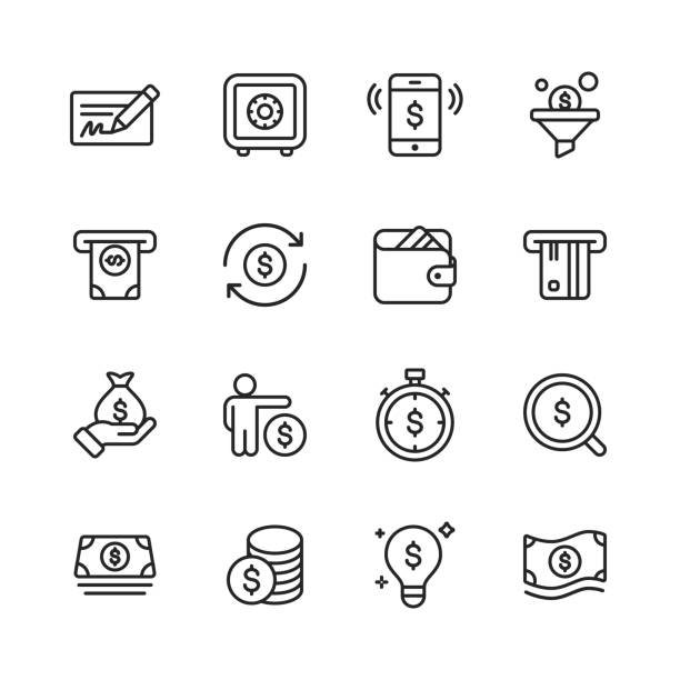 geld-und finanz-line-icons. bearbeitbare stroke. pixel perfect. für mobile und web. enthält solche ikonen wie geld, wallet, safe, banking, finanzen. - time and money stock-grafiken, -clipart, -cartoons und -symbole