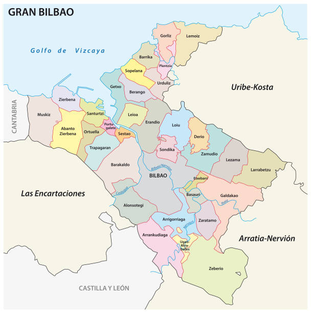 ilustraciones, imágenes clip art, dibujos animados e iconos de stock de mapa vectorial administrativo y político del área metropolitana de bilbao - bilbao