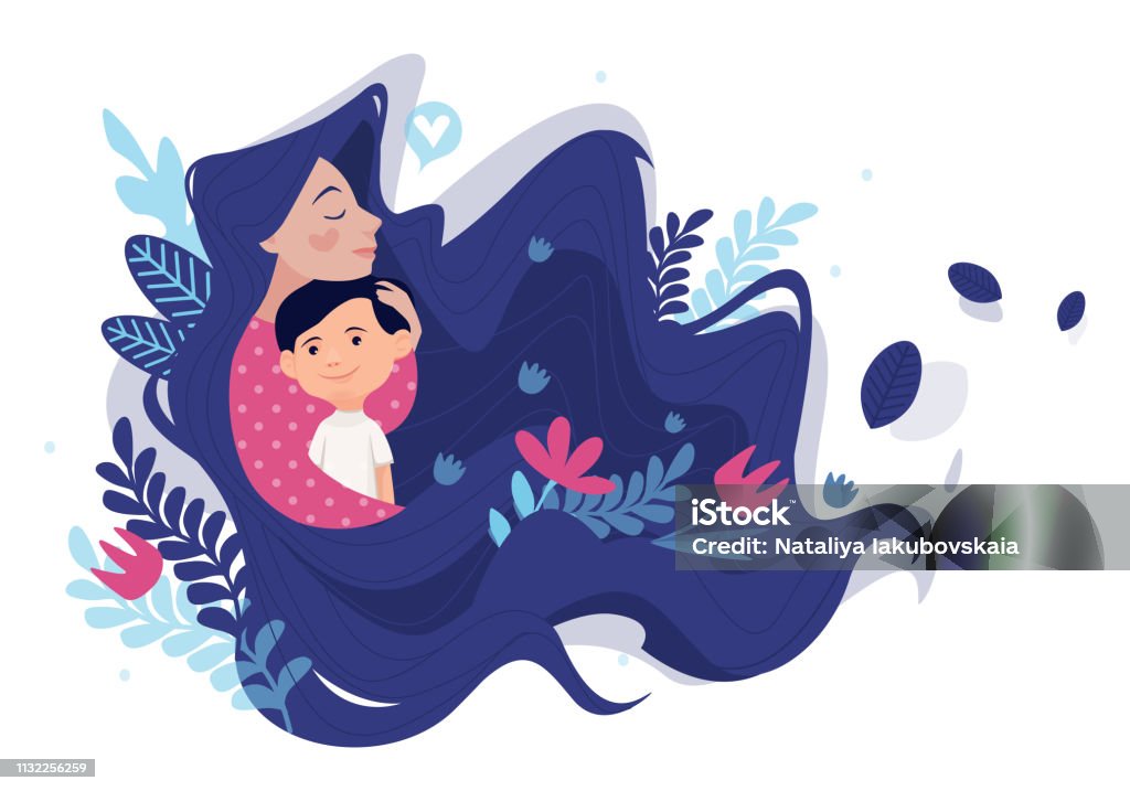 Print Mother's love.Mom's hug. Mom and son.Vector illustration with floral elements. Card on Mother's Day Mother stock vector