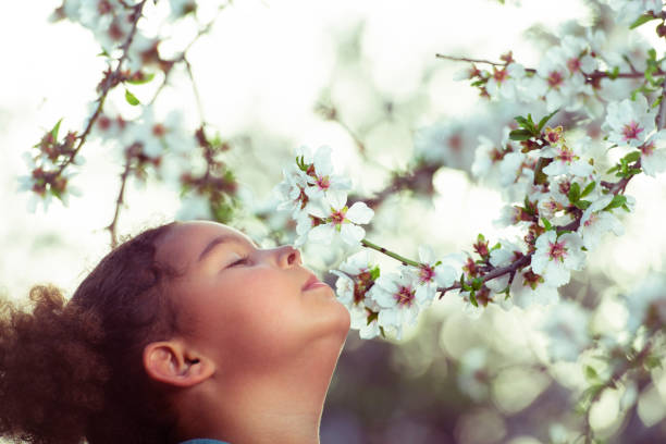istock Girl smelling almond blossoms. 1132256306