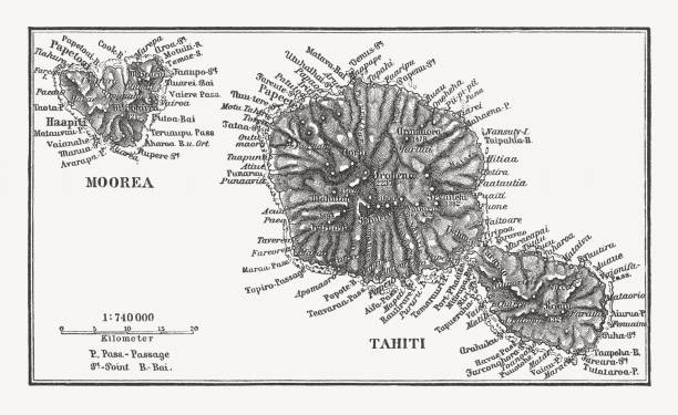 Historical map af Moorea and Tahiti, wood engraving, published in 1897 Historical map af Moorea and Tahiti. Wood engraving, published in 1897. colonies map stock illustrations