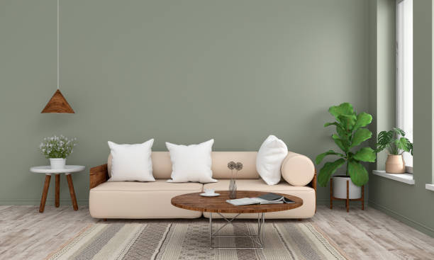 istock Sofa and wood round table in green living room,3D rendering 1132259993