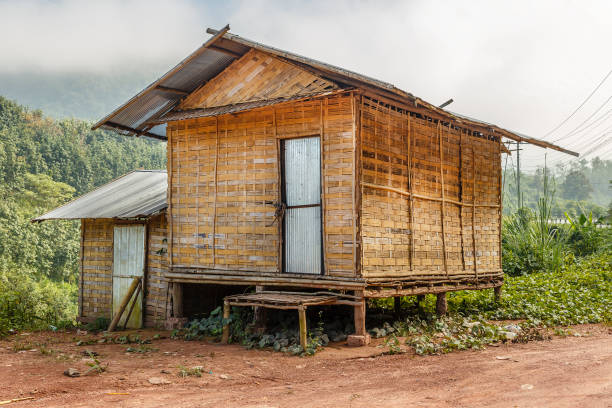 традиционный местный бамбуковый дом в деревне, лаос - laos hut southeast asia shack стоковые фото и изображения