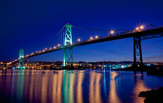 Angus L. Macdonald Bridge at twilight. The span connects Halifax and Dartmouth, Nova Scotia.
