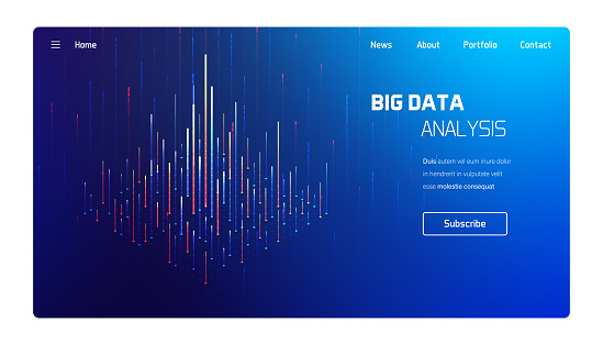 Big data analysis, computer processing visualisation, business and finance tradings, futuristic isometric vector infographics illustration