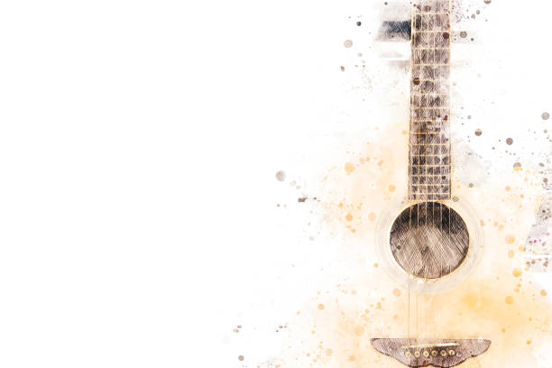 Abstract acoustic guitar watercolor illustration painting background. stock photo
