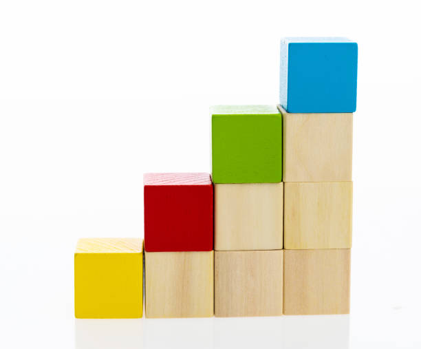 istock Wooden toy block stairs on white background 1132264189