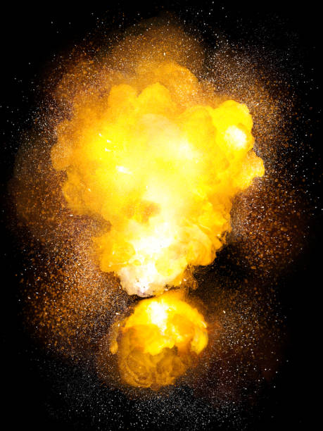 istock Realistic bomb hot explosion, orange color with white sparks isolated on black background 1132264378