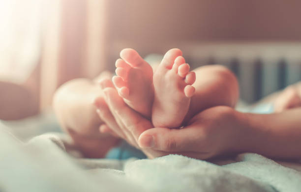 手に生まれた新しい赤ちゃんの足 - 誕生 ストックフォトと画像