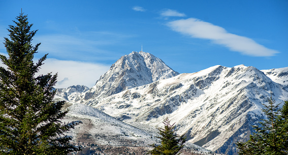 a view of Pic du Midi de Bigorre in the french Pyrenees with snow