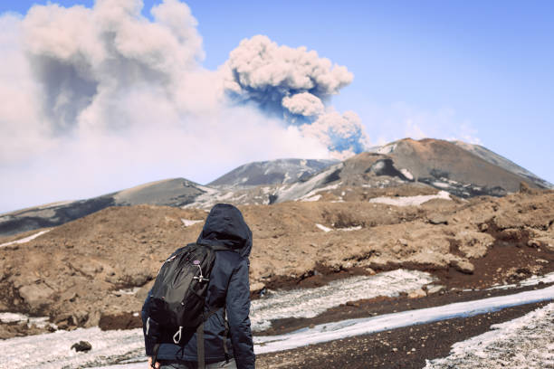 istock Male backpacker conquering Mount Etna 1132266036