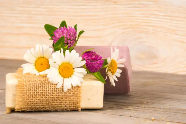 chamomile and clover hand made soap bars and flowers