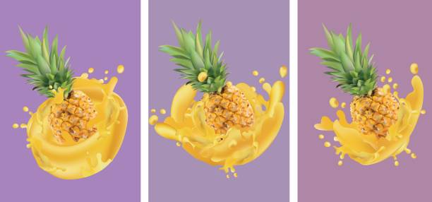 illustrazioni stock, clip art, cartoni animati e icone di tendenza di succo di ananas su sfondo bianco. illustrazione vettoriale. - exploding juicy liquid energy