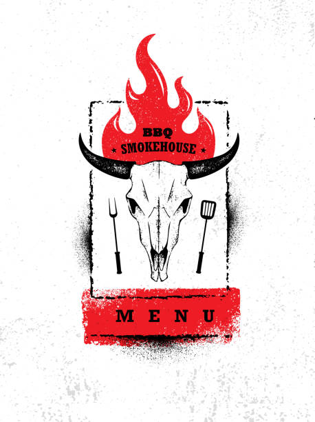Smokehouse Barbecue Meat On Fire Local Restaurant Menu Vector Design Element. Outdoor Meal Creative Rough Sign Set On Grunge Stained Background. chef cooking flames stock illustrations