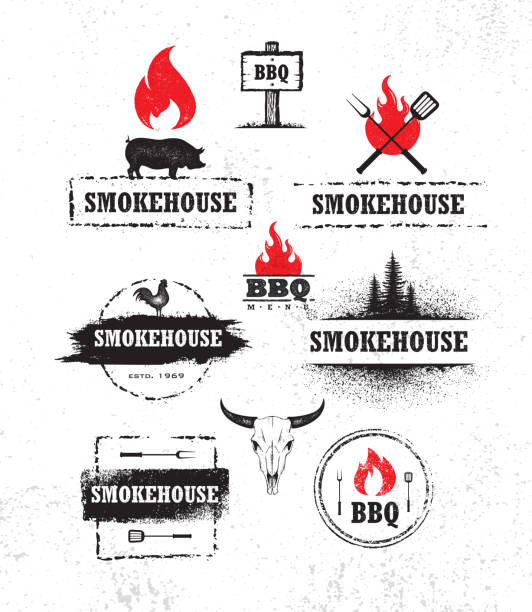 Smokehouse Barbecue Meat On Fire Local Restaurant Menu Vector Design Element. Outdoor Meal Creative Rough Sign Set On Grunge Stained Background. chef backgrounds stock illustrations