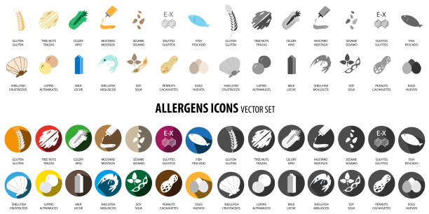 ilustraciones, imágenes clip art, dibujos animados e iconos de stock de gran conjunto de alérgenos para restaurantes - allergy food peanut pollen