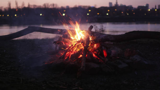 istock Camp fire burning on a riverside. City in background 1132275365