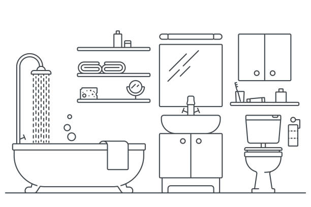 ilustrasi vektor seni garis interior kamar mandi - toilet perlengkapan rumah tangga yang terpasang ilustrasi ilustrasi stok