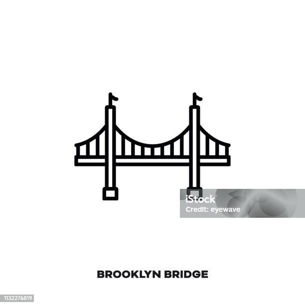 Brooklyn Bridge At New York City Usa Vector Line Icon Stock Illustration - Download Image Now