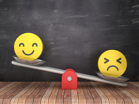 Seesaw Scale with Emoticons on Chalkboard Background - 3D Rendering