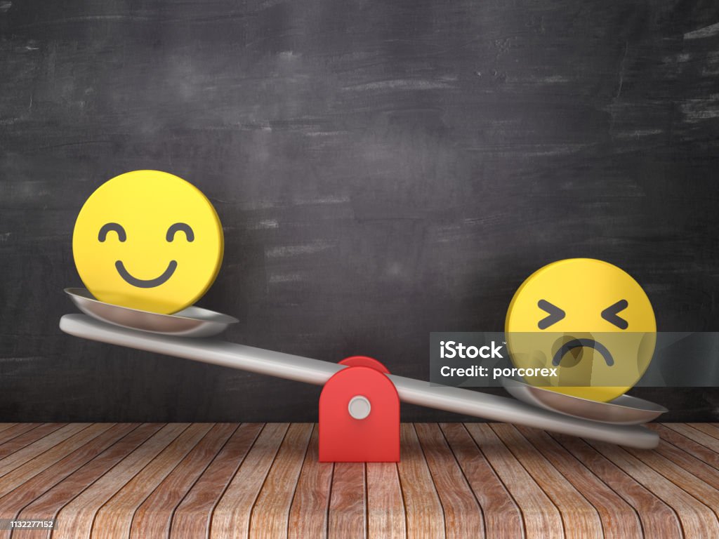 Seesaw Scale with Emoticons on Chalkboard Background - 3D Rendering Happiness Stock Photo