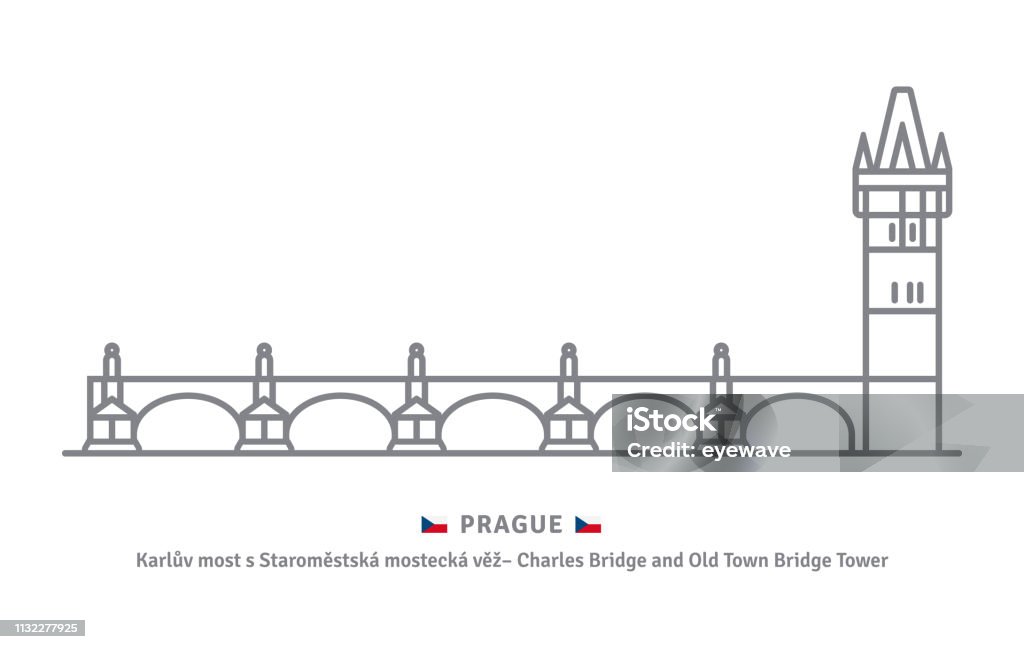 Charles Bridge at Prague, Czech Republic Czechia landmark line icon. Charles bridge with Old Town Bridge tower and Czech flag vector illustration. Charles Bridge stock vector
