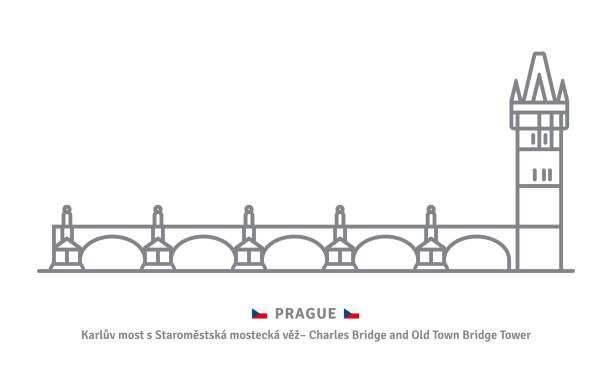 Charles Bridge at Prague, Czech Republic Czechia landmark line icon. Charles bridge with Old Town Bridge tower and Czech flag vector illustration. old town bridge tower stock illustrations