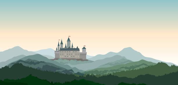 ilustraciones, imágenes clip art, dibujos animados e iconos de stock de paisaje de las montañas del castillo. turismo rural naturaleza fondo europeo. edificio del castillo en el horizonte de la colina. - cuento de hadas