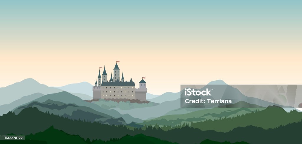 Castle Mountains Landscape. Travel Rural nature european background. Castle building on the hill skyline. Castle stock vector