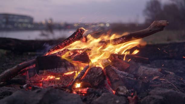 istock Camp fire burning on a riverside. City in background 1132279004