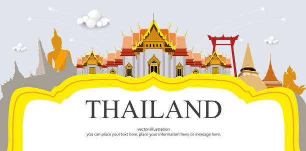 Thailand travel concept The Most Beautiful Places To Visit In Thailand in flat style - Wat Benchamabophit Thailand, Architecture, Pattern, Building Exterior, Vector, Copy Space abstract asia backgrounds bangkok stock illustrations