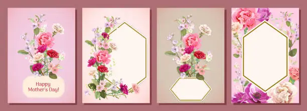 Vector illustration of Set of vertical cards for Mother's Day with carnation, poppy, spring blossom: red, pink, white flowers, leaves, vintage background, botanical illustration, watercolor style, polygonal frame, vector
