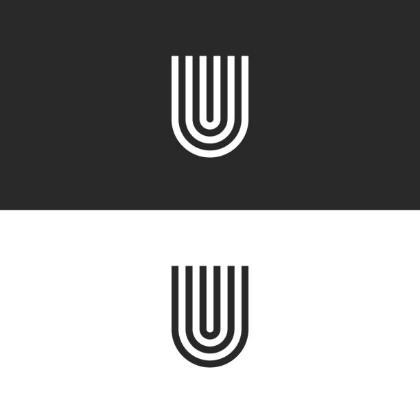 Initial hipster letter U logo monogram horseshoe shape, black and white set mark UUU for business card, smooth lines style typography design element Initial hipster letter U logo monogram horseshoe shape, black and white set mark UUU for business card, smooth lines style typography design element the letter u stock illustrations