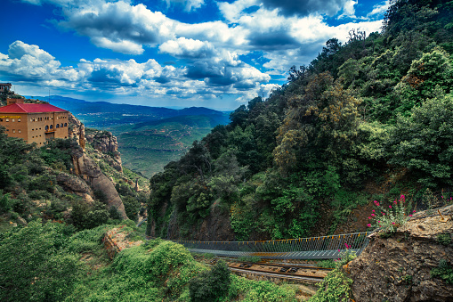 Montserrat funicular railway in a beautiful summer day, Catalonia
